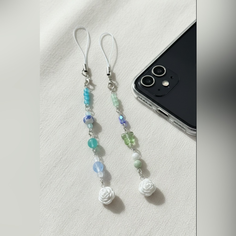 Elegant Handmade Beaded Phone Charm Strap Blue Spring Set of 2